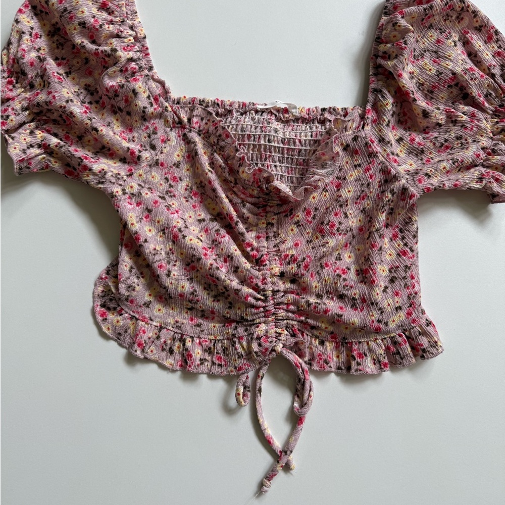 Timing Pink and White Ruched Puff Sleeve Blouse
